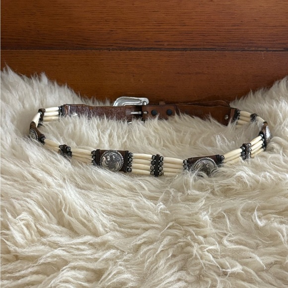 Tan Leather Beaded Belt with Silver Buckle and Floral Etched Silver Cabochons main image 4